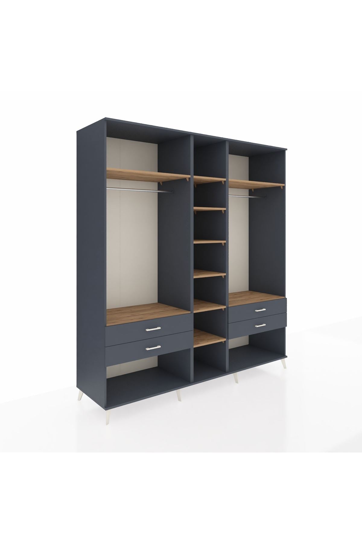 Kronos Dolap 10 Raflı 4 Çekmeceli 2 Askılı 220x59x243 Antrasit-Çam/Antrasit