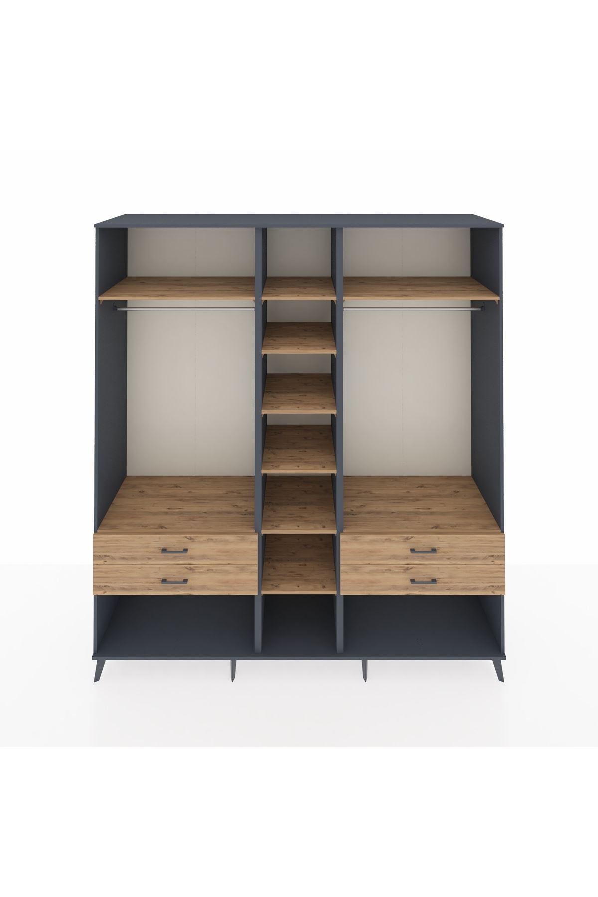 Kronos Dolap 10 Raflı 4 Çekmeceli 2 Askılı 220x59x243 Antrasit-Çam/Çam