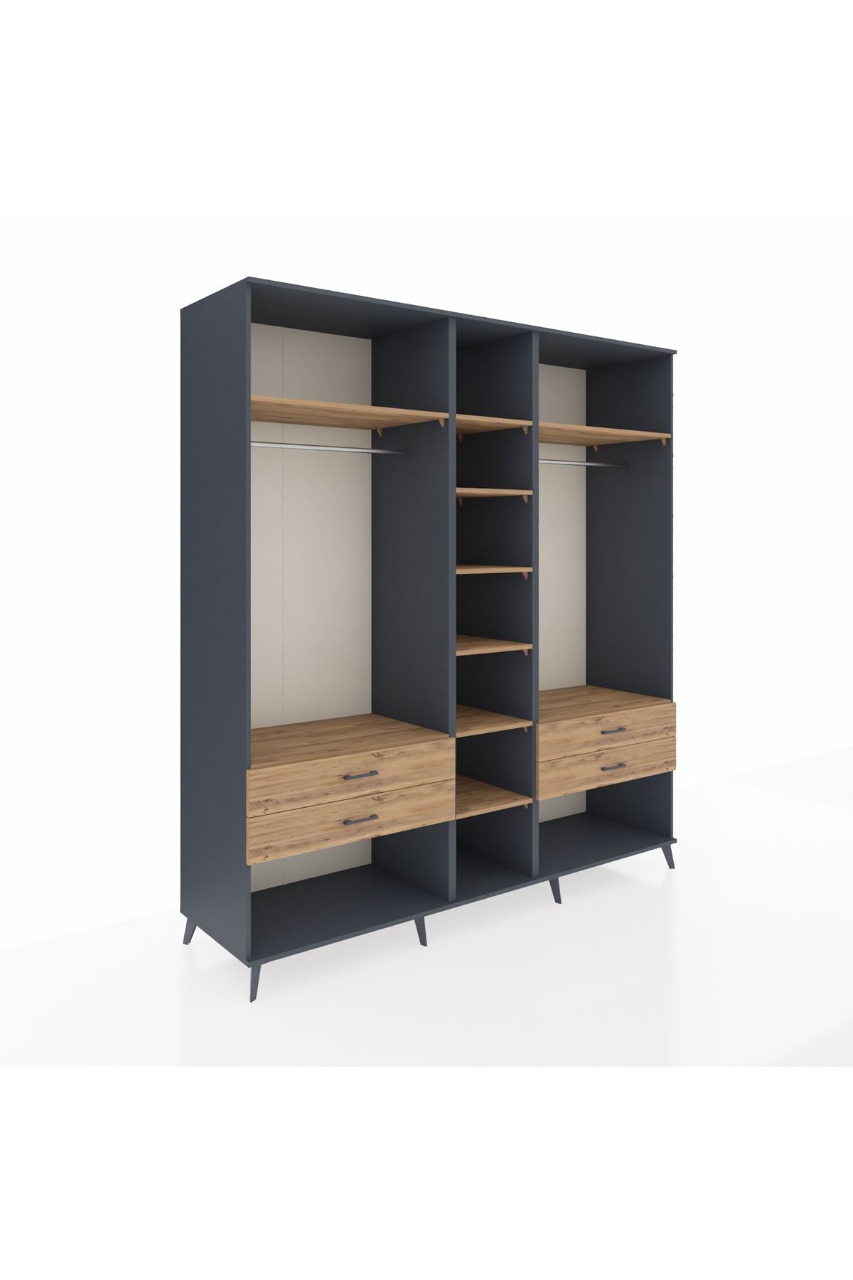 Kronos Dolap 10 Raflı 4 Çekmeceli 2 Askılı 220x59x243 Antrasit-Çam/Çam