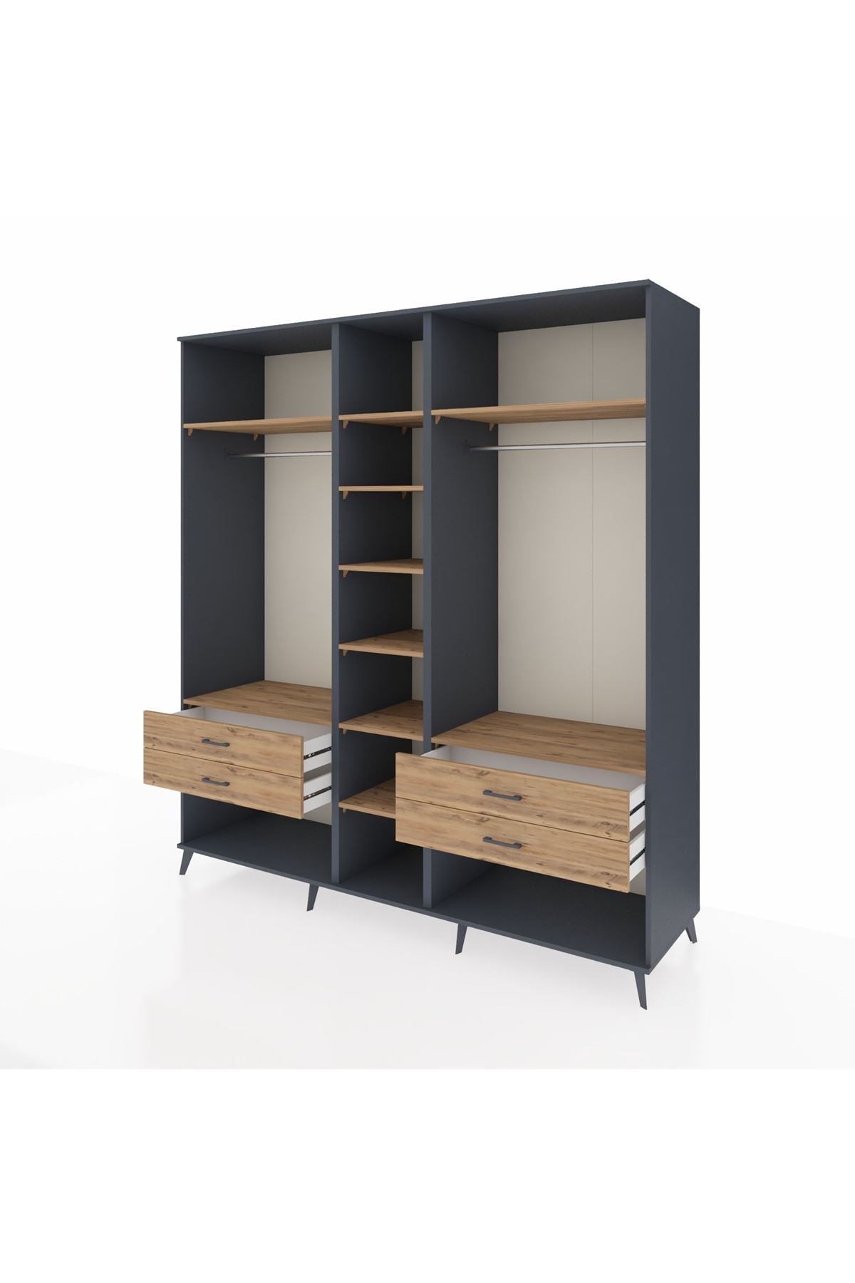 Kronos Dolap 10 Raflı 4 Çekmeceli 2 Askılı 220x59x243 Antrasit-Çam/Çam