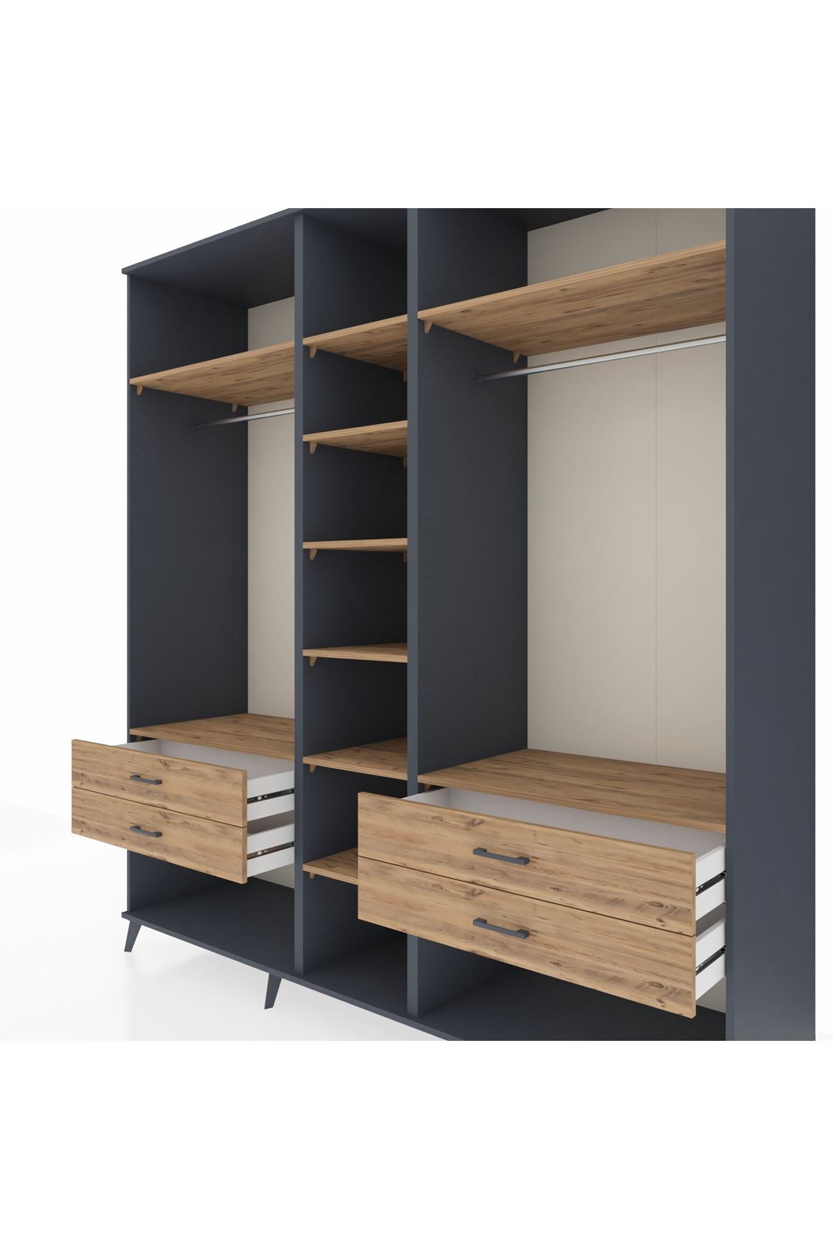 Kronos Dolap 10 Raflı 4 Çekmeceli 2 Askılı 220x59x243 Antrasit-Çam/Çam