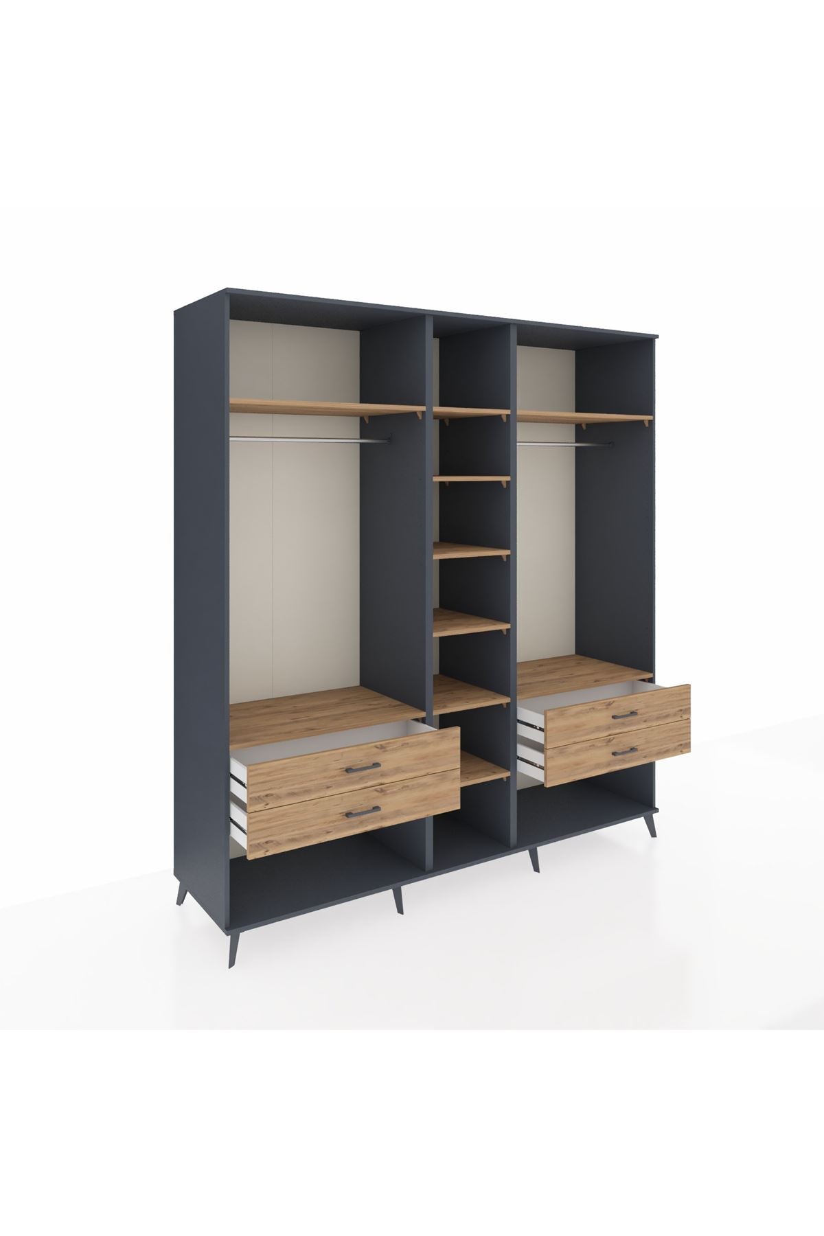 Kronos Dolap 10 Raflı 4 Çekmeceli 2 Askılı 220x59x243 Antrasit-Çam/Çam