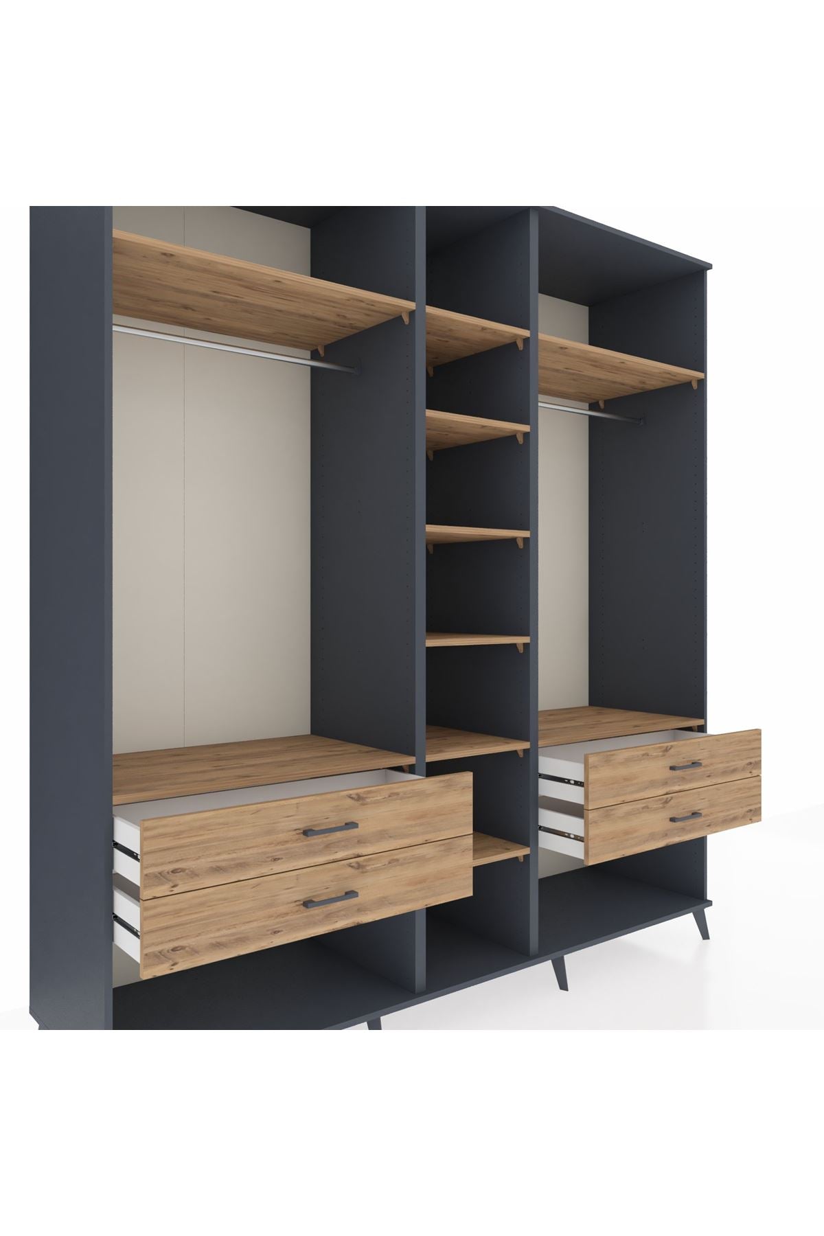 Kronos Dolap 10 Raflı 4 Çekmeceli 2 Askılı 220x59x243 Antrasit-Çam/Çam