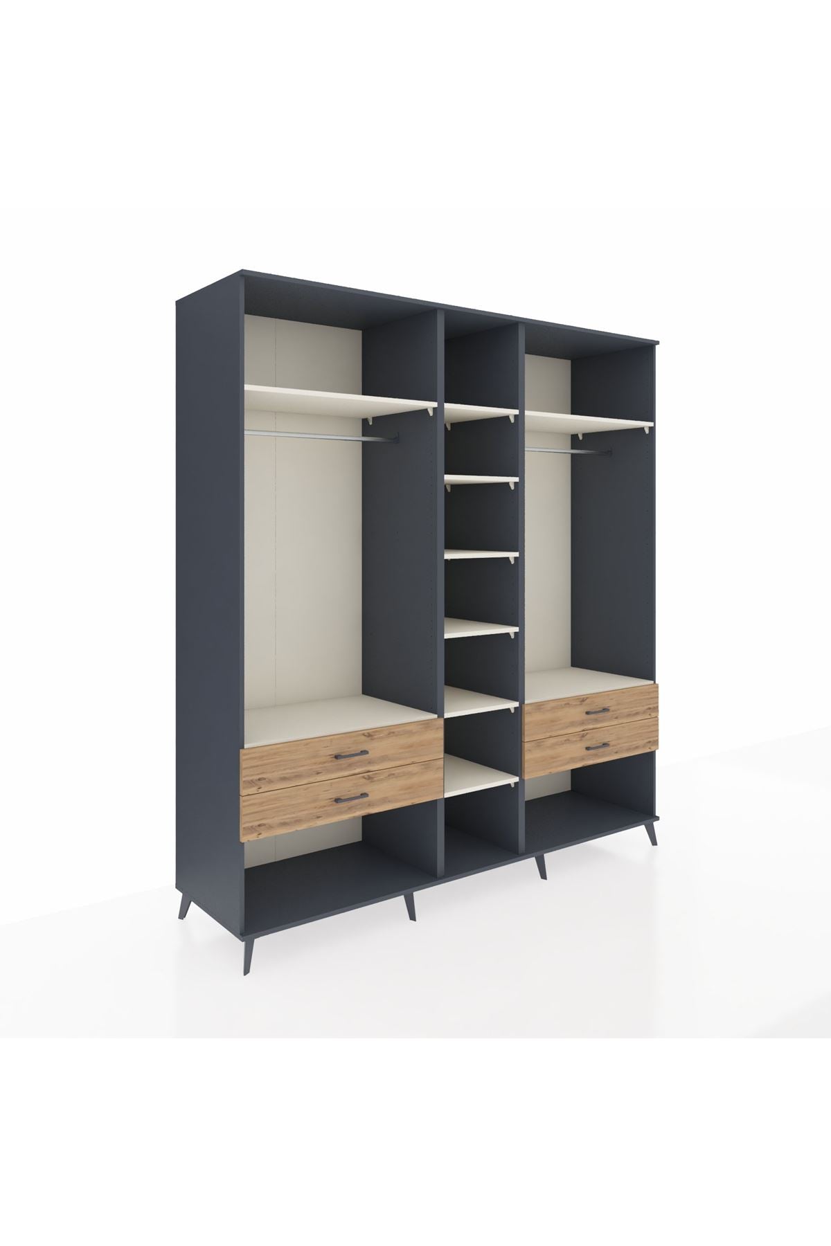 Kronos Dolap 10 Raflı 4 Çekmeceli 2 Askılı 220x59x243 Antrasit-Aytaşı/Çam