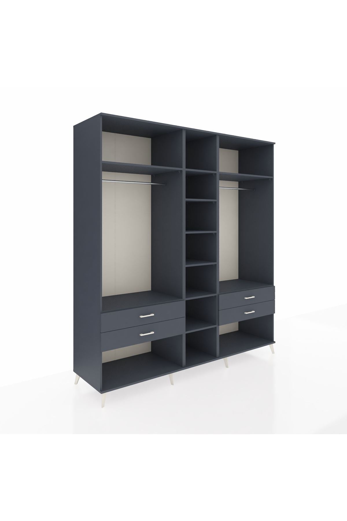 Kronos Dolap 10 Raflı 4 Çekmeceli 2 Askılı 220x59x243 Antrasit-Antrasit/Antrasit