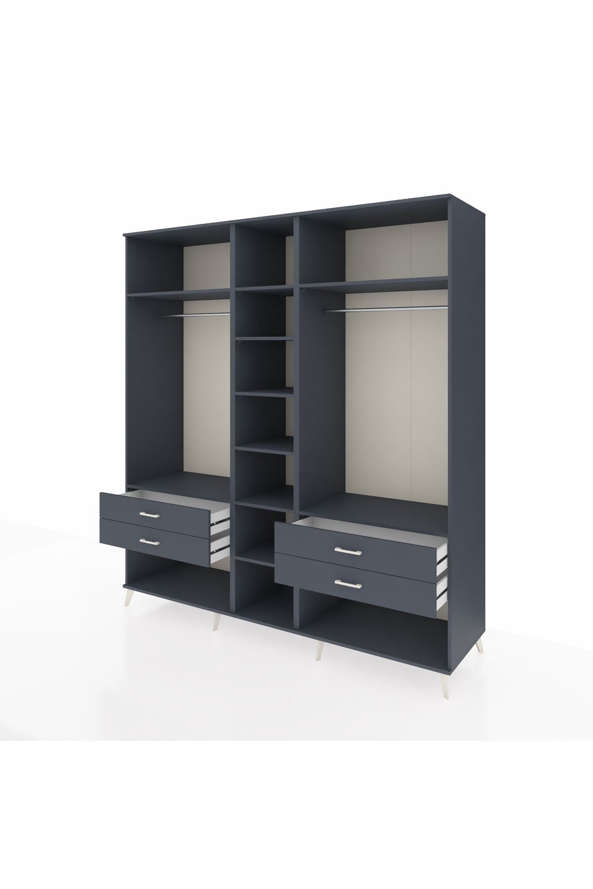 Kronos Dolap 10 Raflı 4 Çekmeceli 2 Askılı 220x59x243 Antrasit-Antrasit/Antrasit