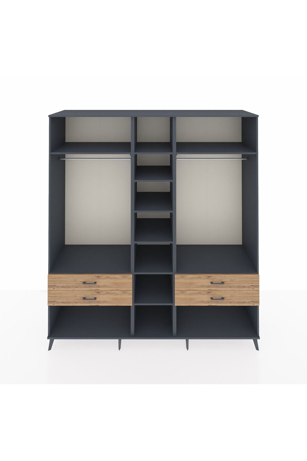 Kronos Dolap 10 Raflı 4 Çekmeceli 2 Askılı 220x59x243 Antrasit-Antrasit/Çam