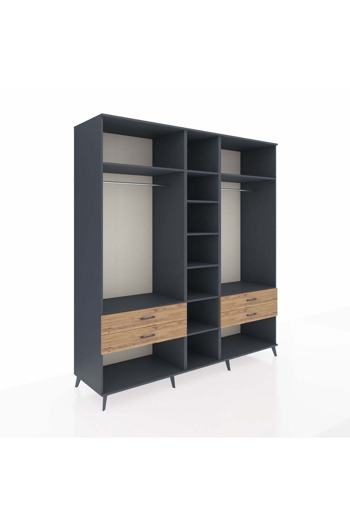 Kronos Dolap 10 Raflı 4 Çekmeceli 2 Askılı 220x59x243 Antrasit-Antrasit/Çam