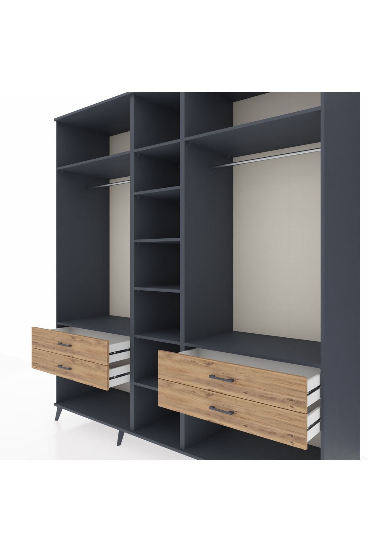 Kronos Dolap 10 Raflı 4 Çekmeceli 2 Askılı 220x59x243 Antrasit-Antrasit/Çam