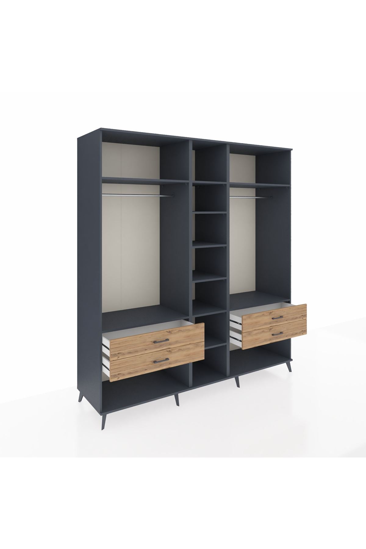 Kronos Dolap 10 Raflı 4 Çekmeceli 2 Askılı 220x59x243 Antrasit-Antrasit/Çam