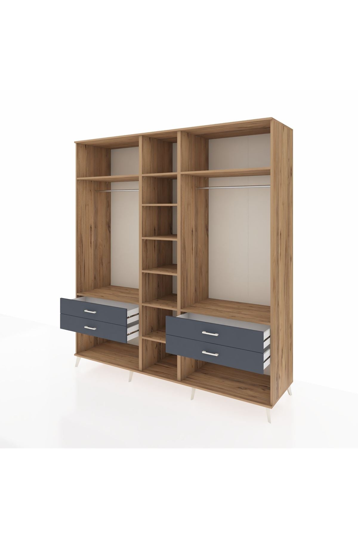 Kronos Dolap 10 Raflı 4 Çekmeceli 2 Askılı 220x59x243 Çam-Çam/Antrasit