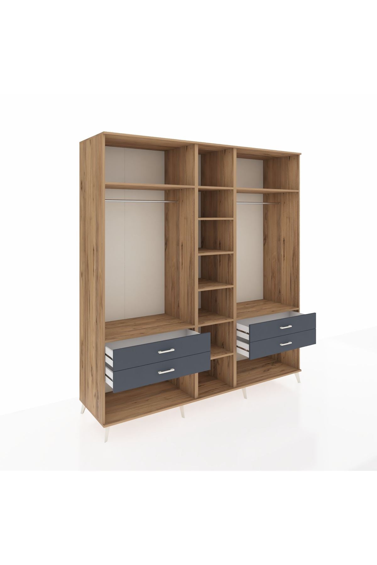 Kronos Dolap 10 Raflı 4 Çekmeceli 2 Askılı 220x59x243 Çam-Çam/Antrasit