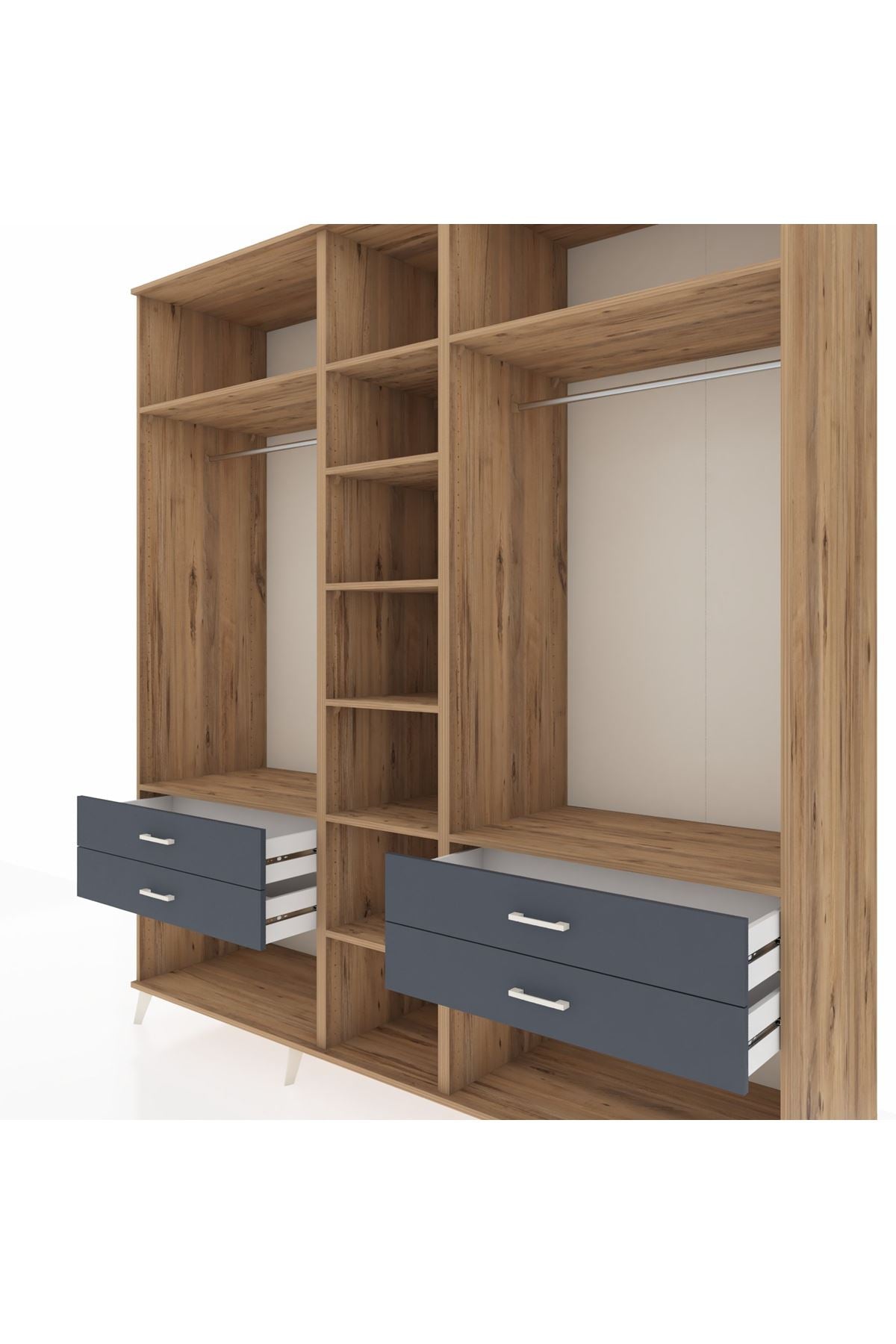 Kronos Dolap 10 Raflı 4 Çekmeceli 2 Askılı 220x59x243 Çam-Çam/Antrasit