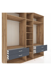 Kronos Dolap 10 Raflı 4 Çekmeceli 2 Askılı 220x59x243 Çam-Çam/Antrasit