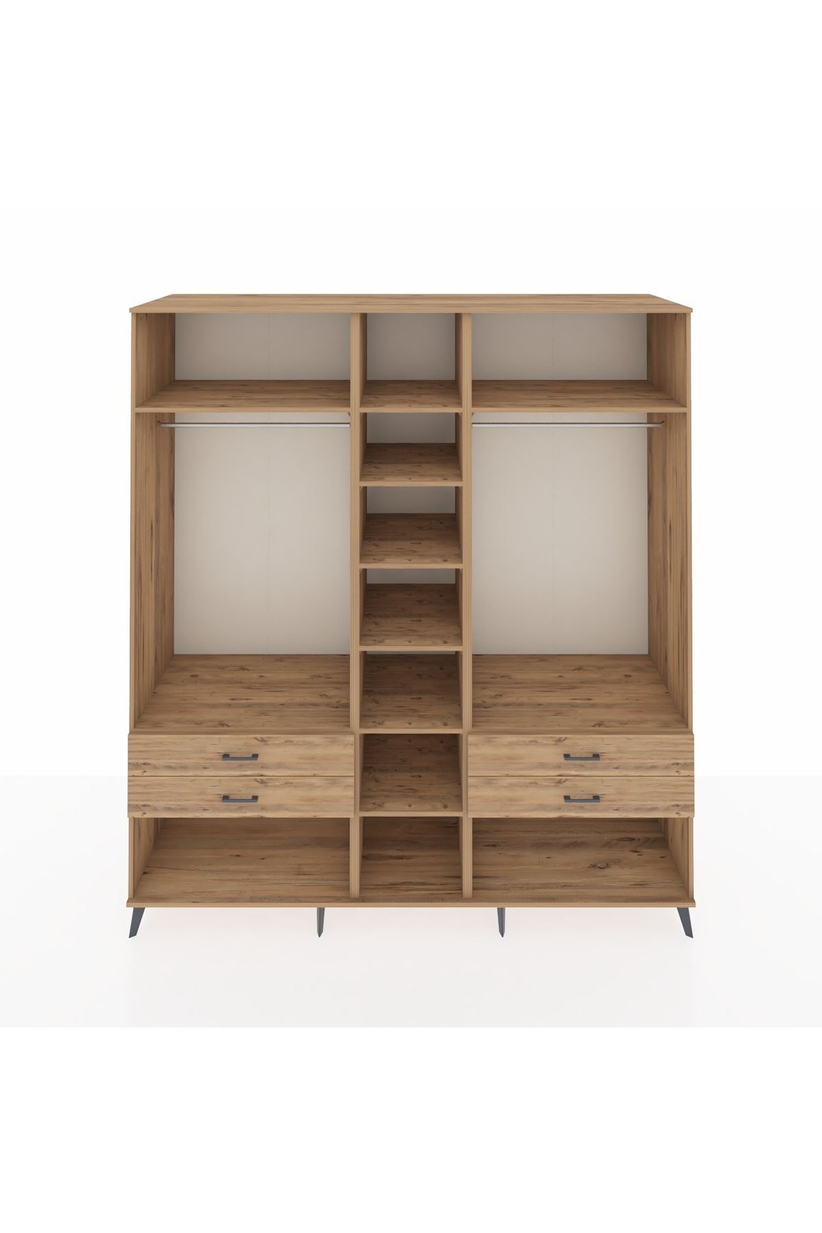 Kronos Dolap 10 Raflı 4 Çekmeceli 2 Askılı 220x59x243 Çam-Çam/Çam