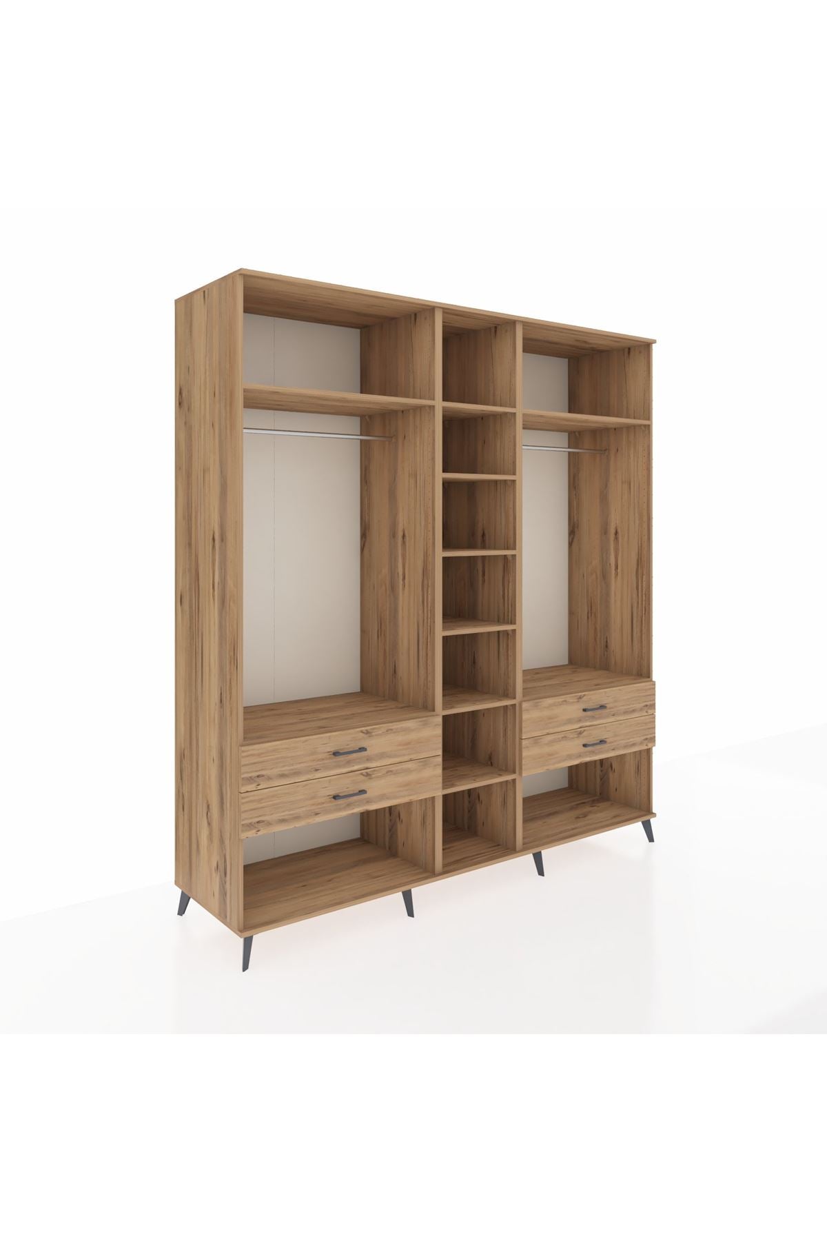 Kronos Dolap 10 Raflı 4 Çekmeceli 2 Askılı 220x59x243 Çam-Çam/Çam