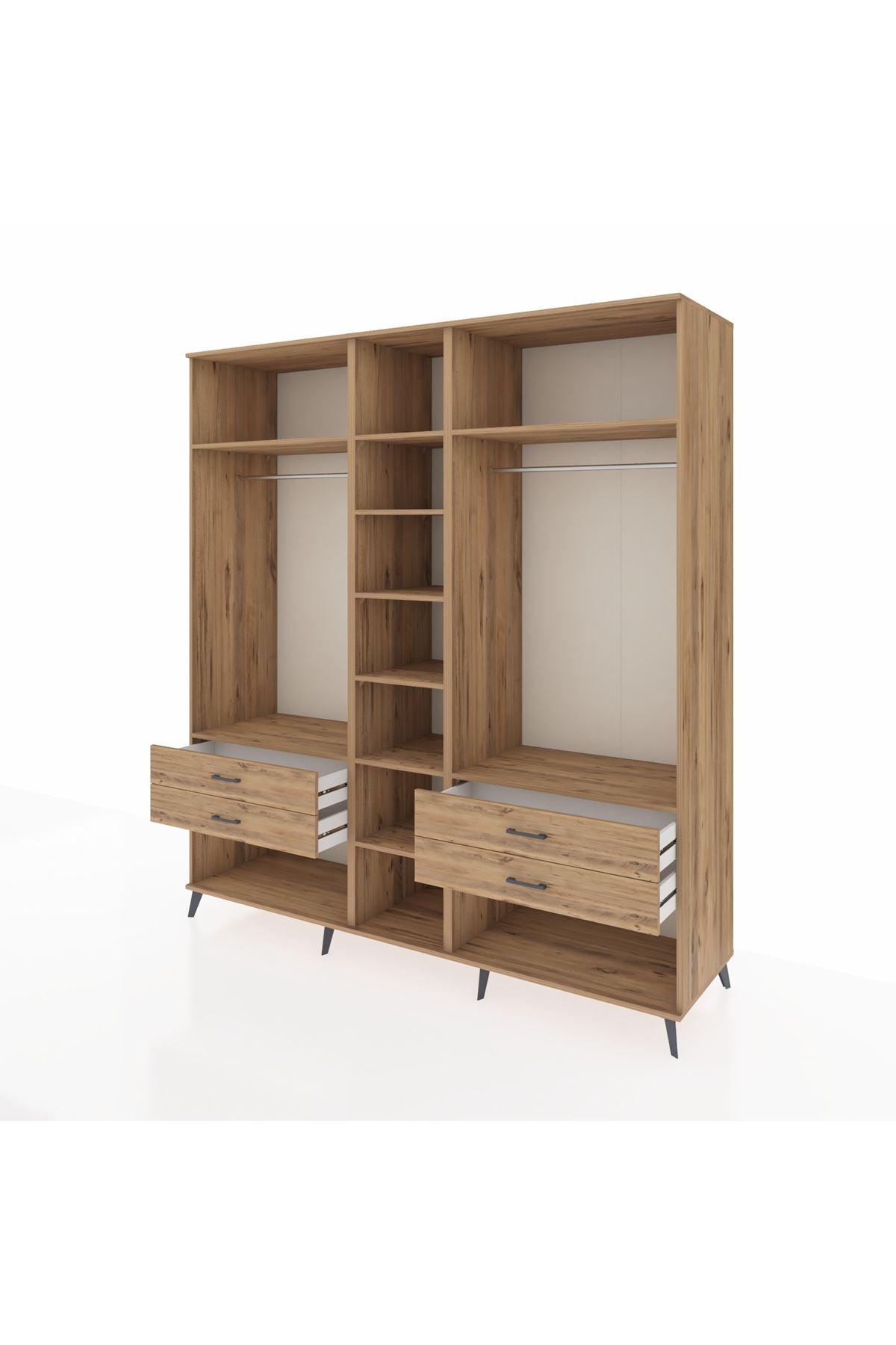 Kronos Dolap 10 Raflı 4 Çekmeceli 2 Askılı 220x59x243 Çam-Çam/Çam