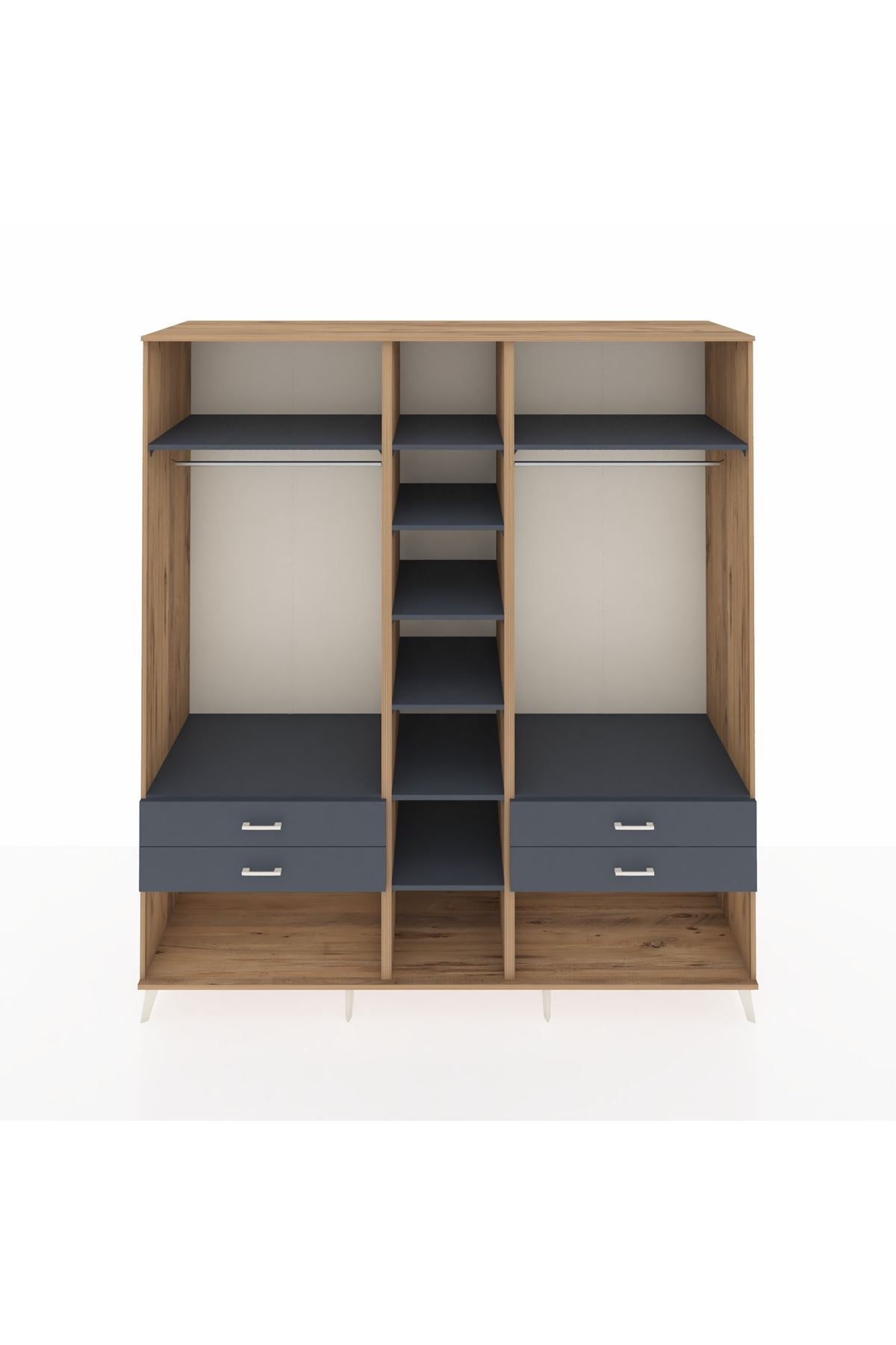 Kronos Dolap 10 Raflı 4 Çekmeceli 2 Askılı 220x59x243 Çam-Antrasit/Antrasit