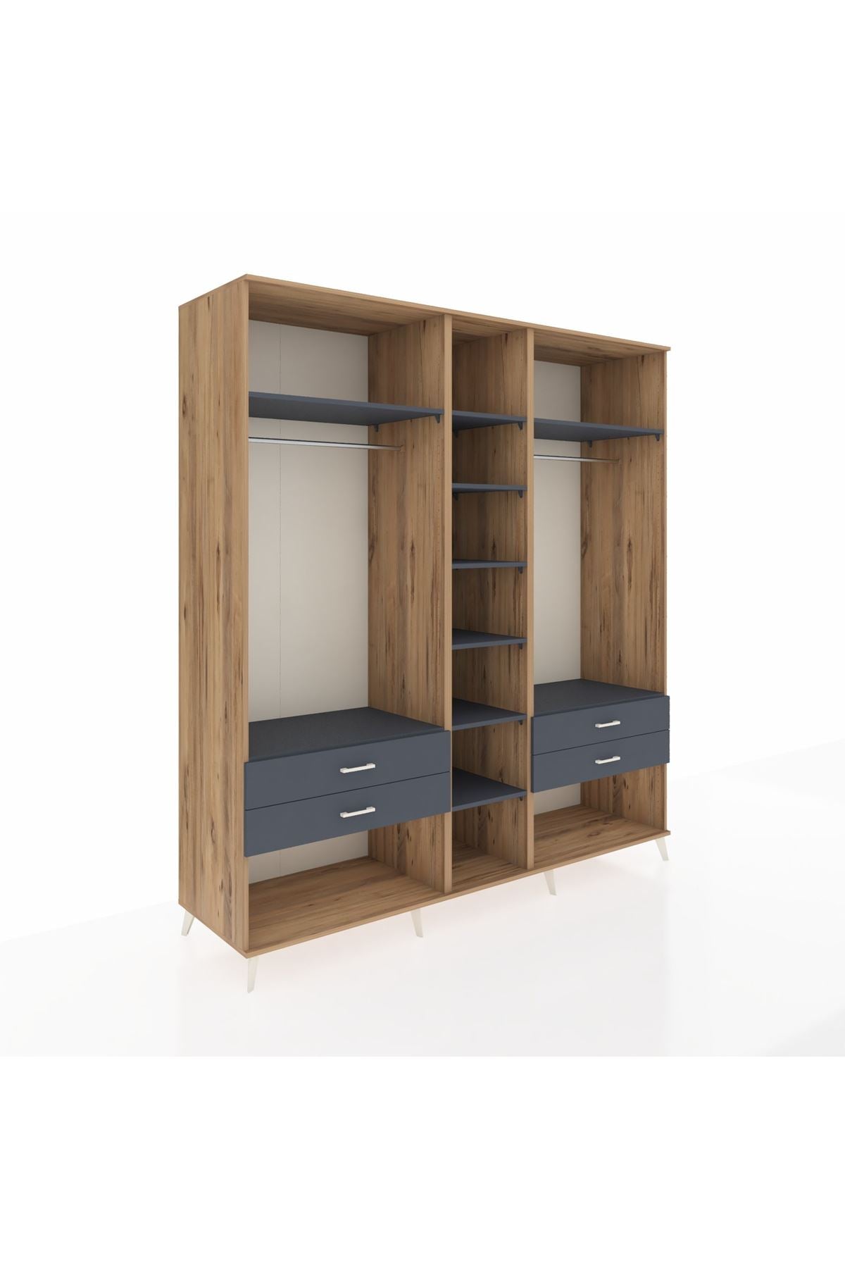 Kronos Dolap 10 Raflı 4 Çekmeceli 2 Askılı 220x59x243 Çam-Antrasit/Antrasit