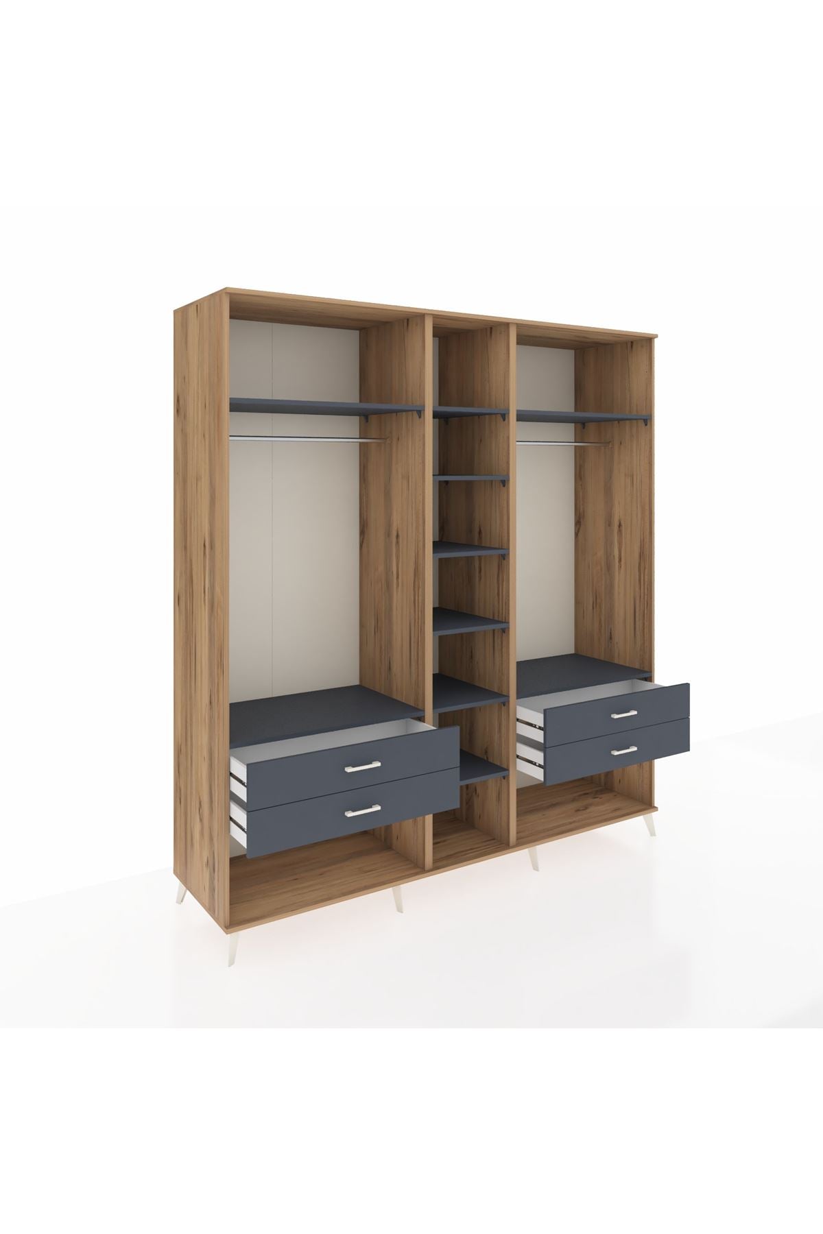 Kronos Dolap 10 Raflı 4 Çekmeceli 2 Askılı 220x59x243 Çam-Antrasit/Antrasit