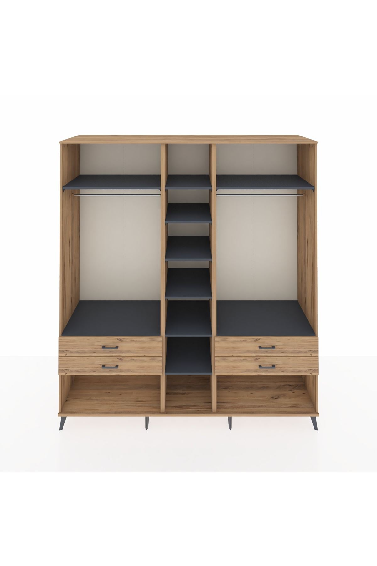 Kronos Dolap 10 Raflı 4 Çekmeceli 2 Askılı 220x59x243 Çam-Antrasit/Çam