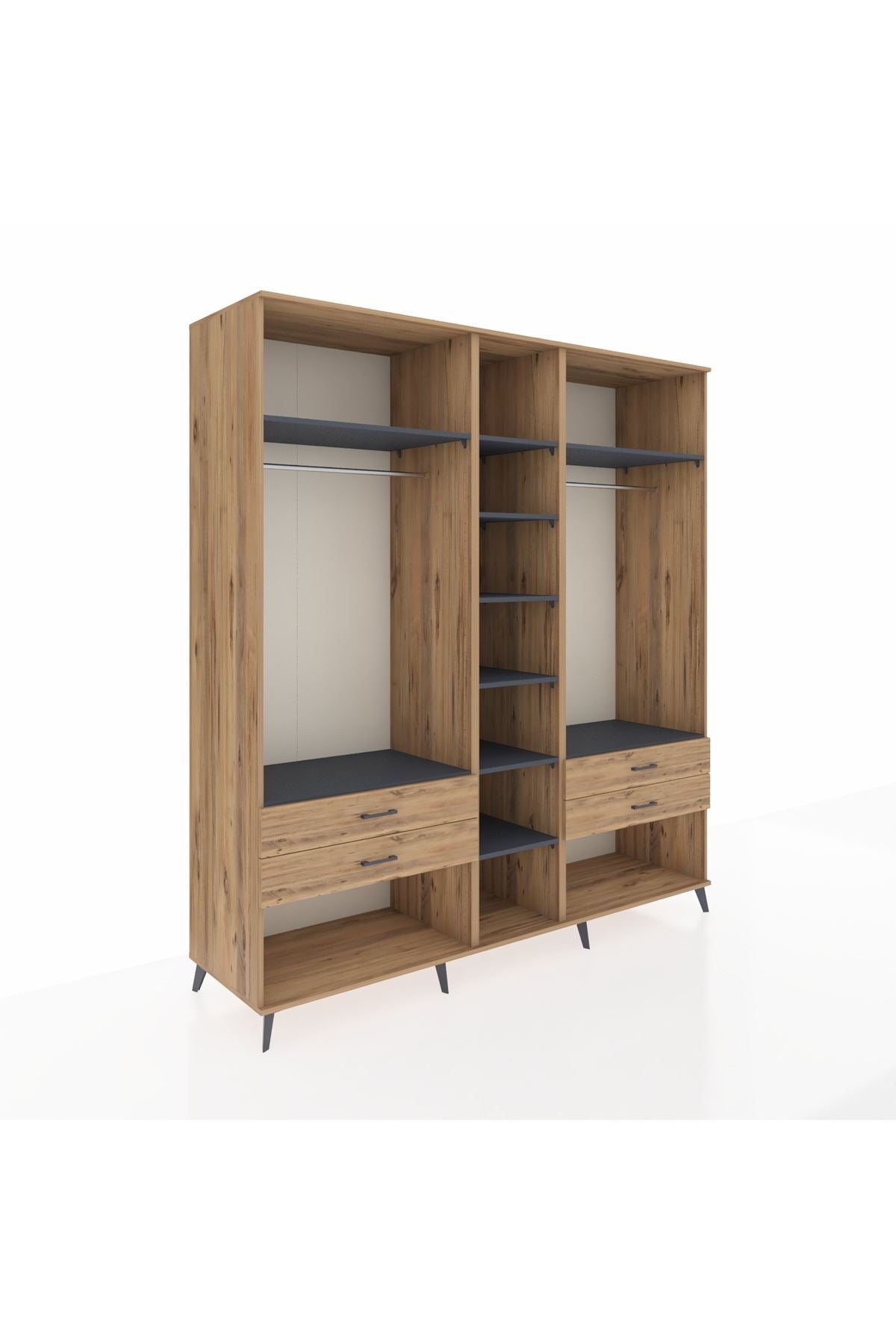 Kronos Dolap 10 Raflı 4 Çekmeceli 2 Askılı 220x59x243 Çam-Antrasit/Çam