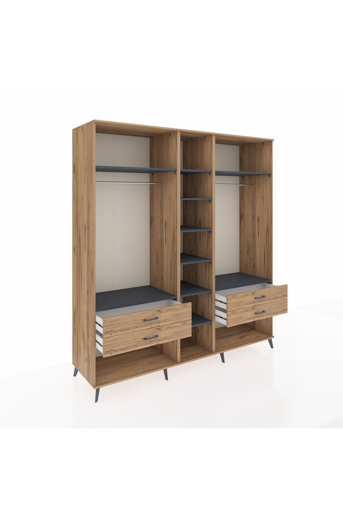 Kronos Dolap 10 Raflı 4 Çekmeceli 2 Askılı 220x59x243 Çam-Antrasit/Çam