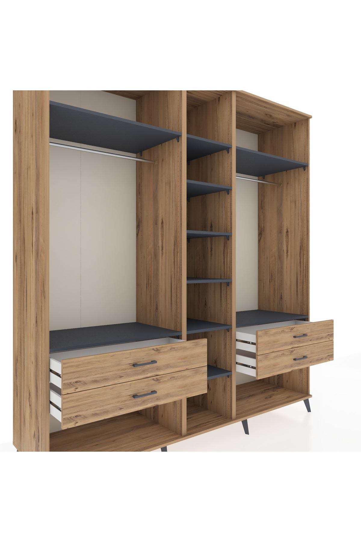 Kronos Dolap 10 Raflı 4 Çekmeceli 2 Askılı 220x59x243 Çam-Antrasit/Çam