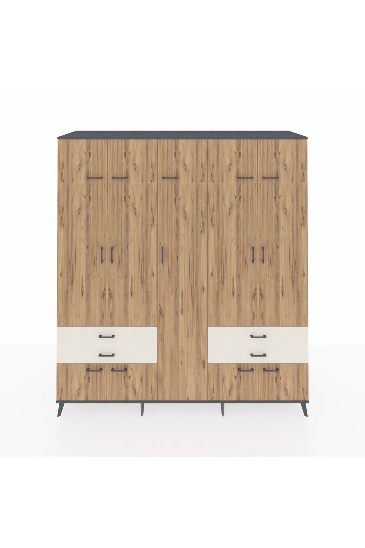 Kronos Dolap 12 Raflı 4 Çekmeceli 2 Askılı 220x59x243 Antrasit-Çam/Aytaşı