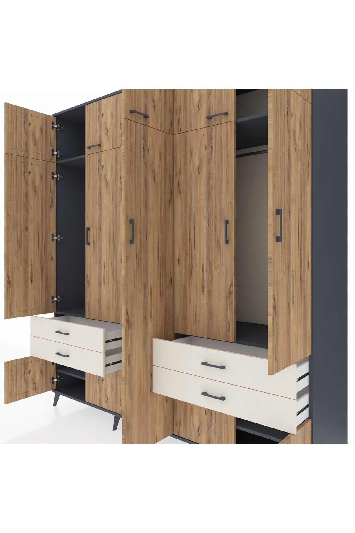 Kronos Dolap 12 Raflı 4 Çekmeceli 2 Askılı 220x59x243 Antrasit-Çam/Aytaşı