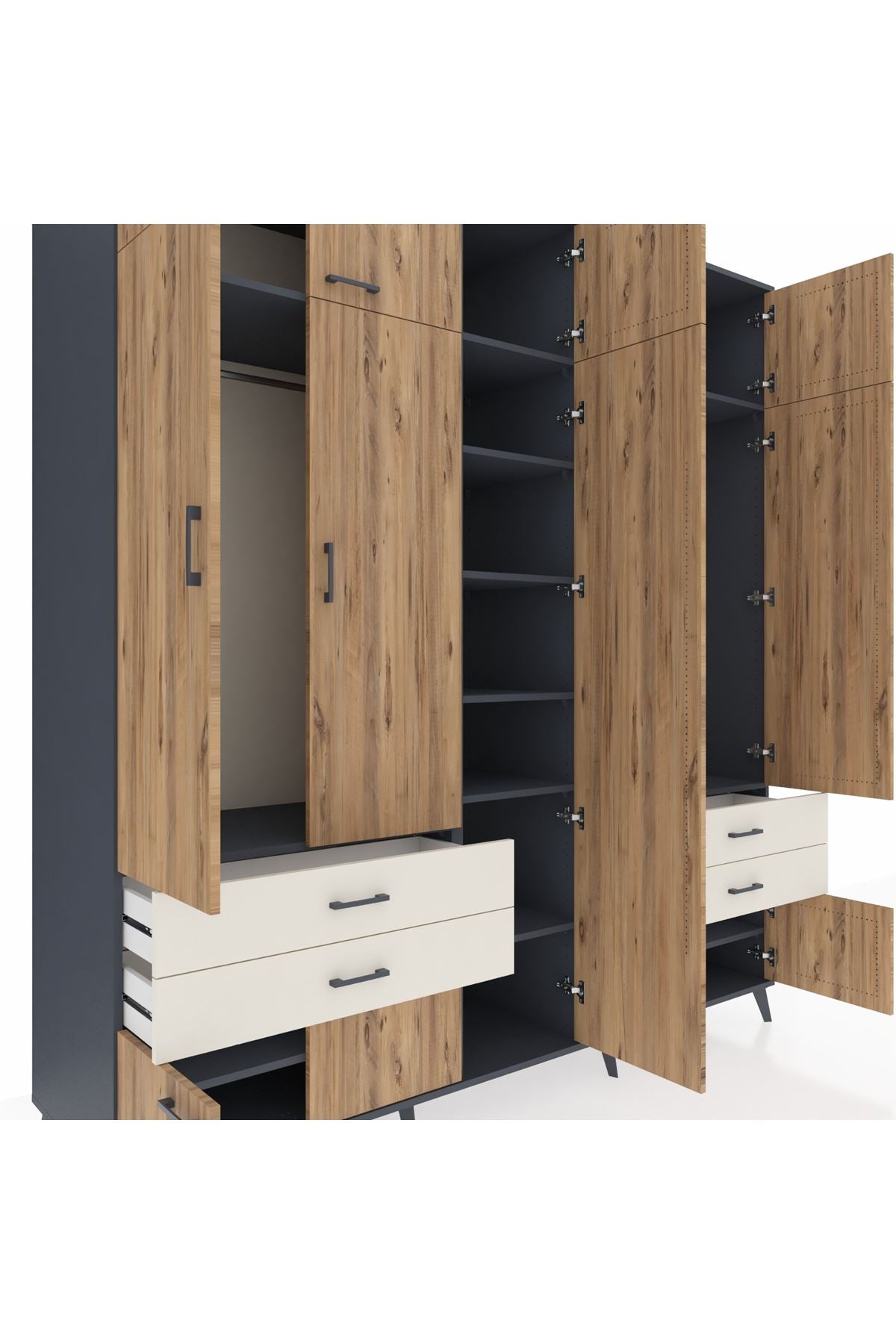 Kronos Dolap 12 Raflı 4 Çekmeceli 2 Askılı 220x59x243 Antrasit-Çam/Aytaşı