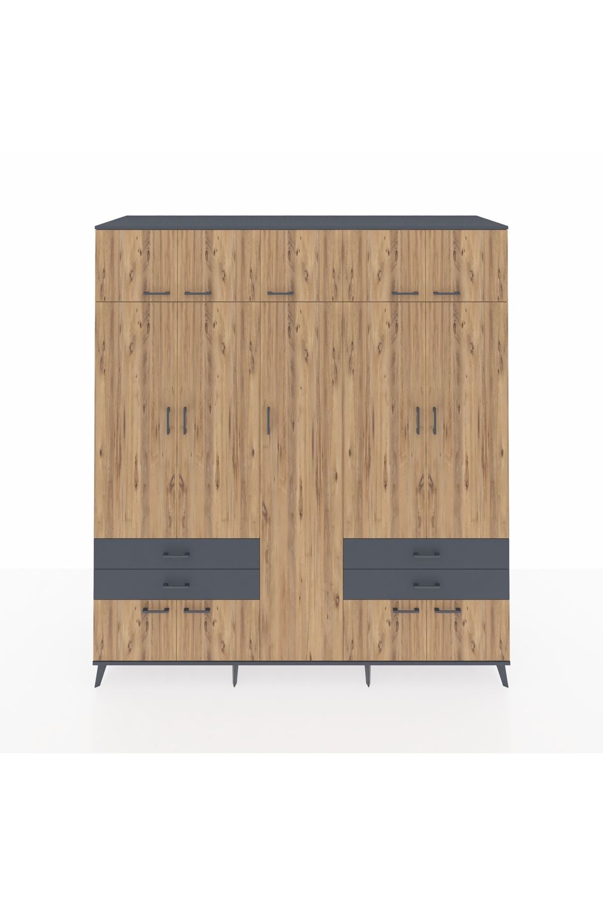 Kronos Dolap 12 Raflı 4 Çekmeceli 2 Askılı 220x59x243 Antrasit-Çam/Antrasit