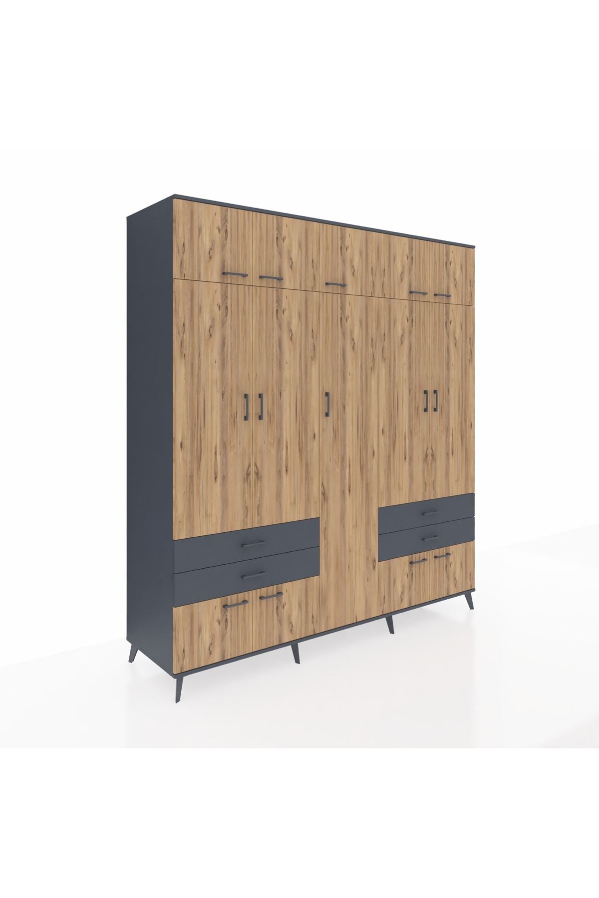 Kronos Dolap 12 Raflı 4 Çekmeceli 2 Askılı 220x59x243 Antrasit-Çam/Antrasit