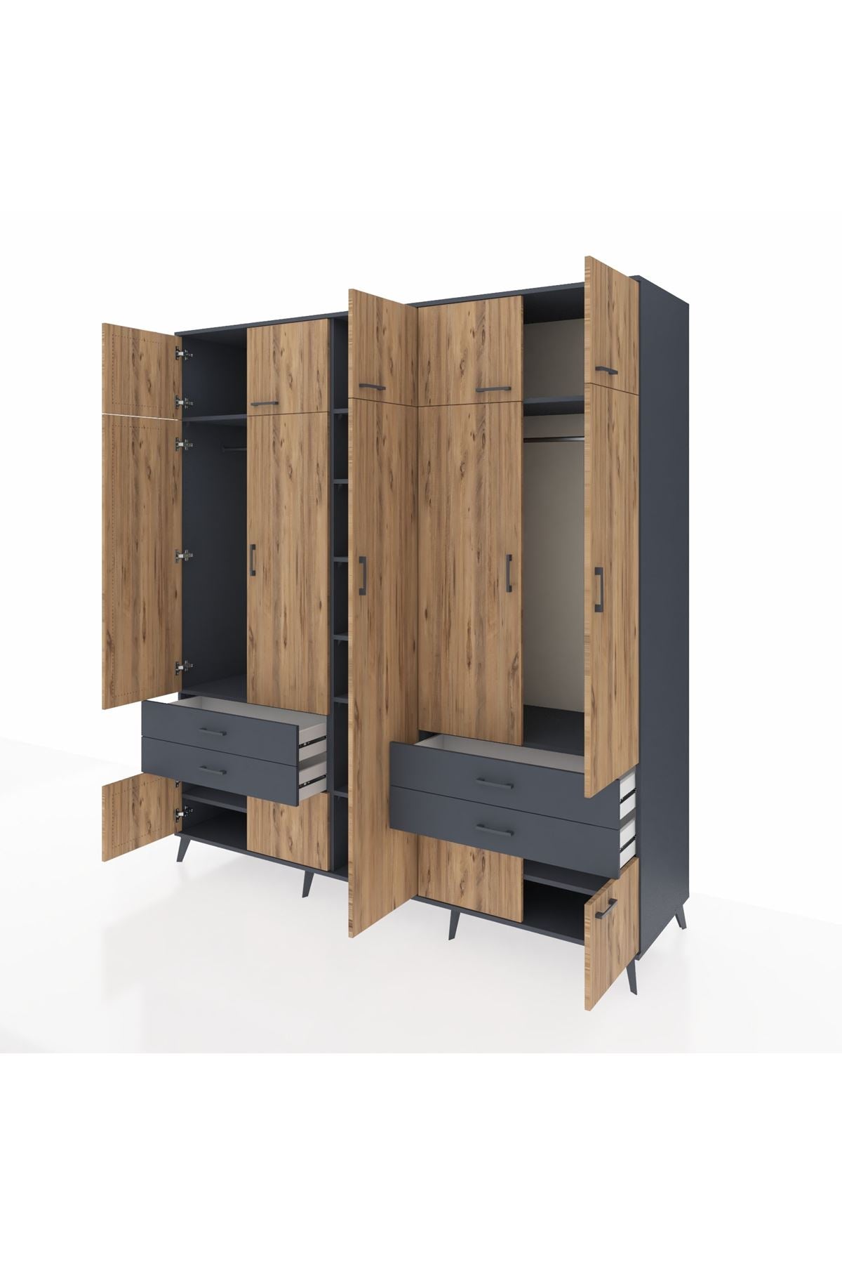 Kronos Dolap 12 Raflı 4 Çekmeceli 2 Askılı 220x59x243 Antrasit-Çam/Antrasit