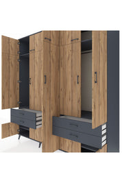 Kronos Dolap 12 Raflı 4 Çekmeceli 2 Askılı 220x59x243 Antrasit-Çam/Antrasit