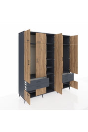 Kronos Dolap 12 Raflı 4 Çekmeceli 2 Askılı 220x59x243 Antrasit-Çam/Antrasit