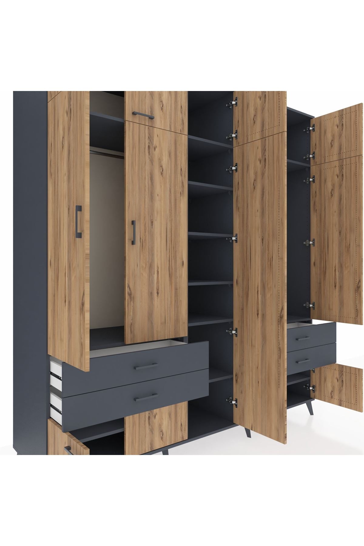 Kronos Dolap 12 Raflı 4 Çekmeceli 2 Askılı 220x59x243 Antrasit-Çam/Antrasit