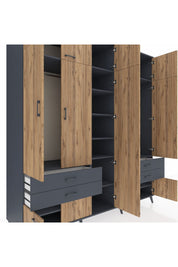 Kronos Dolap 12 Raflı 4 Çekmeceli 2 Askılı 220x59x243 Antrasit-Çam/Antrasit