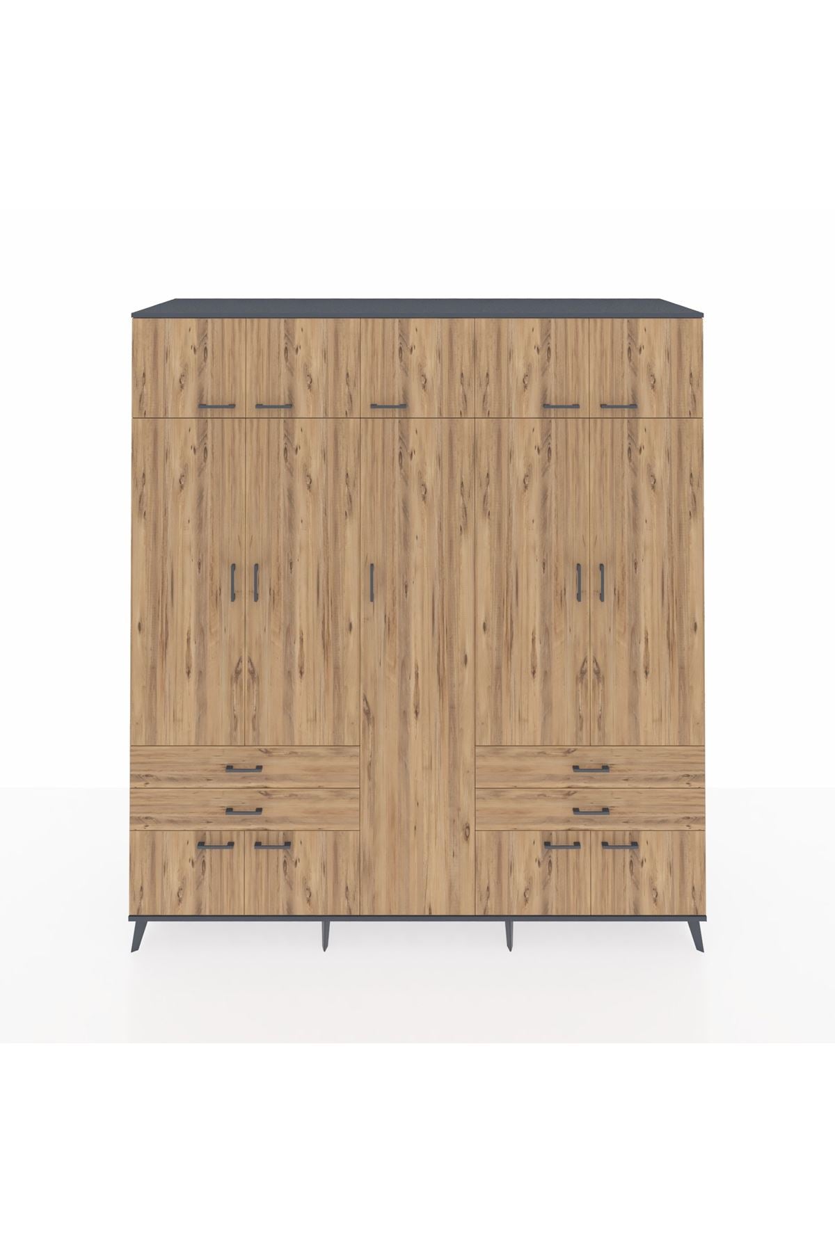 Kronos Dolap 12 Raflı 4 Çekmeceli 2 Askılı 220x59x243 Antrasit-Çam/Çam