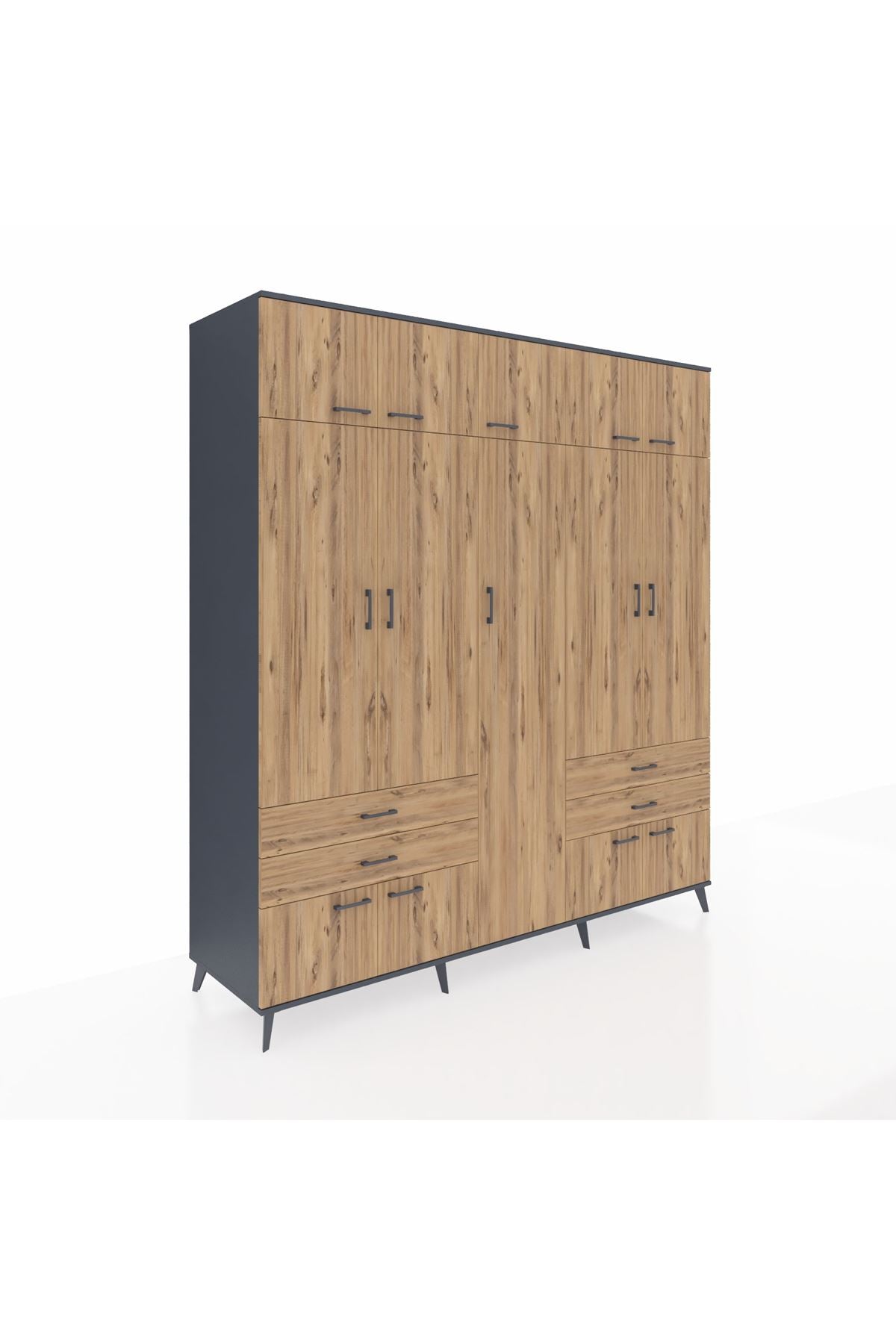 Kronos Dolap 12 Raflı 4 Çekmeceli 2 Askılı 220x59x243 Antrasit-Çam/Çam