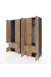 Kronos Dolap 12 Raflı 4 Çekmeceli 2 Askılı 220x59x243 Antrasit-Çam/Çam