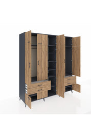 Kronos Dolap 12 Raflı 4 Çekmeceli 2 Askılı 220x59x243 Antrasit-Çam/Çam