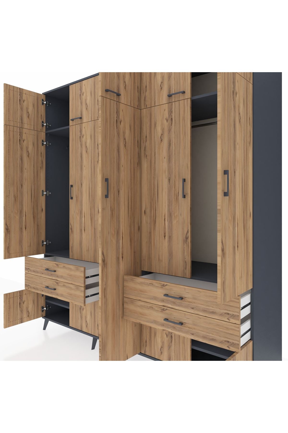 Kronos Dolap 12 Raflı 4 Çekmeceli 2 Askılı 220x59x243 Antrasit-Çam/Çam