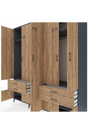 Kronos Dolap 12 Raflı 4 Çekmeceli 2 Askılı 220x59x243 Antrasit-Çam/Çam