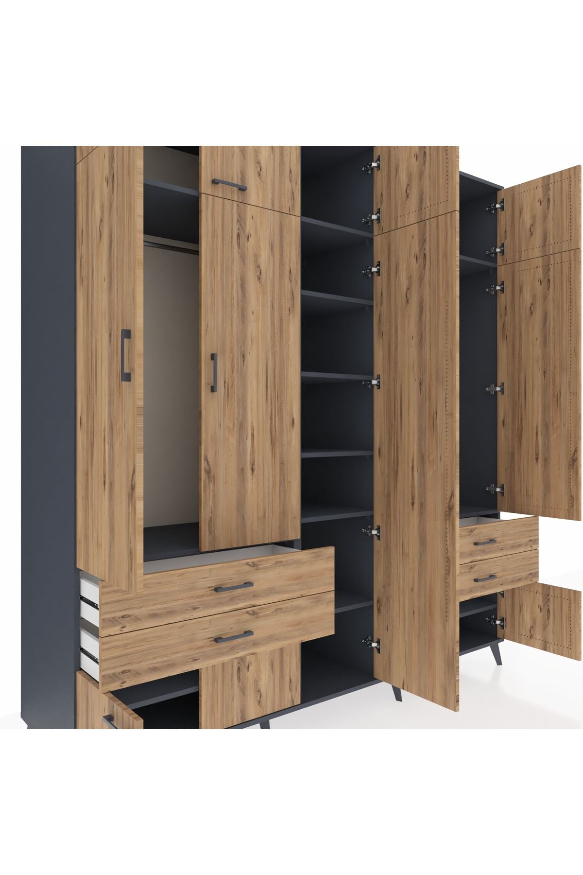 Kronos Dolap 12 Raflı 4 Çekmeceli 2 Askılı 220x59x243 Antrasit-Çam/Çam