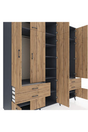 Kronos Dolap 12 Raflı 4 Çekmeceli 2 Askılı 220x59x243 Antrasit-Çam/Çam