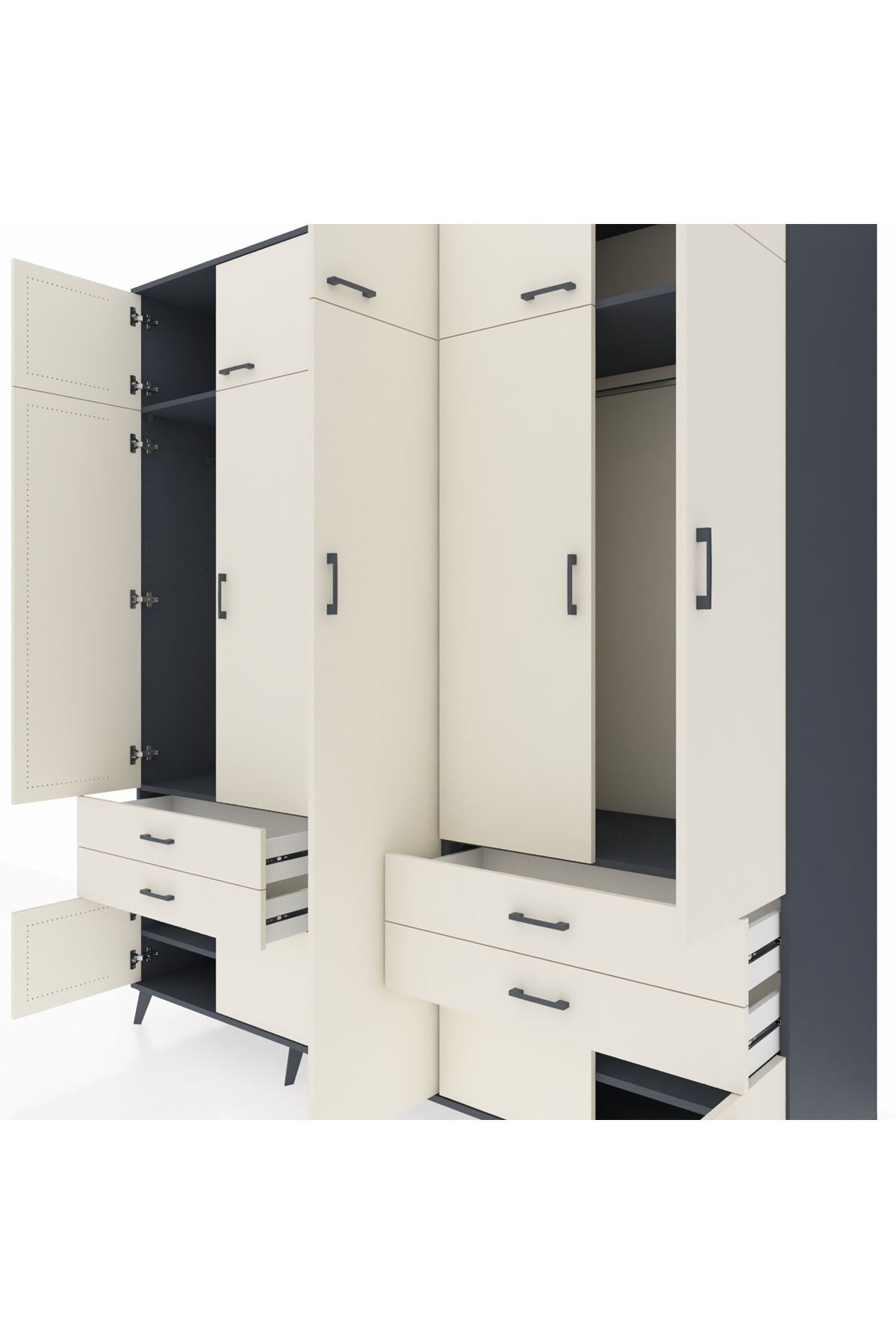 Kronos Dolap 12 Raflı 4 Çekmeceli 2 Askılı 220x59x243 Antrasit-Aytaşı/Aytaşı