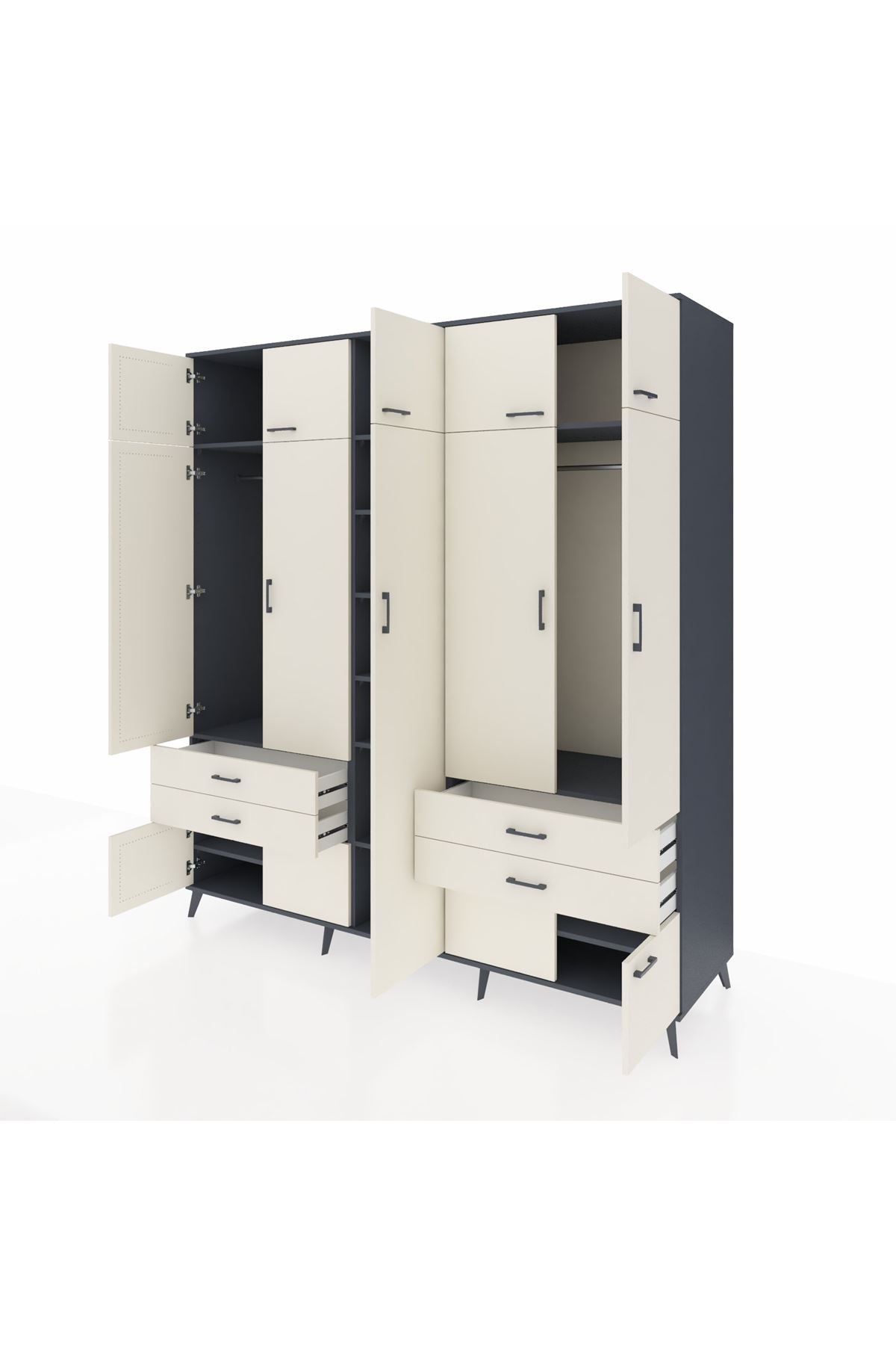 Kronos Dolap 12 Raflı 4 Çekmeceli 2 Askılı 220x59x243 Antrasit-Aytaşı/Aytaşı