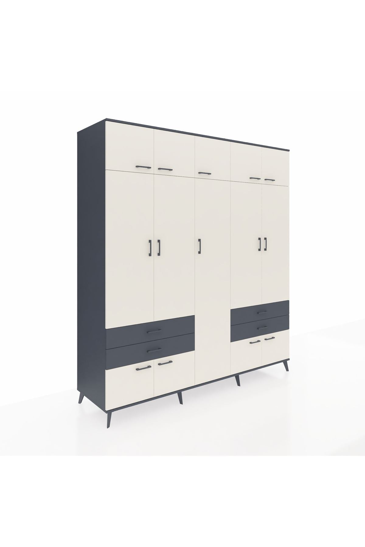 Kronos Dolap 12 Raflı 4 Çekmeceli 2 Askılı 220x59x243 Antrasit-Aytaşı/Antrasit