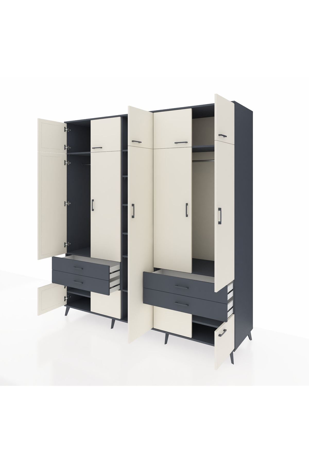 Kronos Dolap 12 Raflı 4 Çekmeceli 2 Askılı 220x59x243 Antrasit-Aytaşı/Antrasit